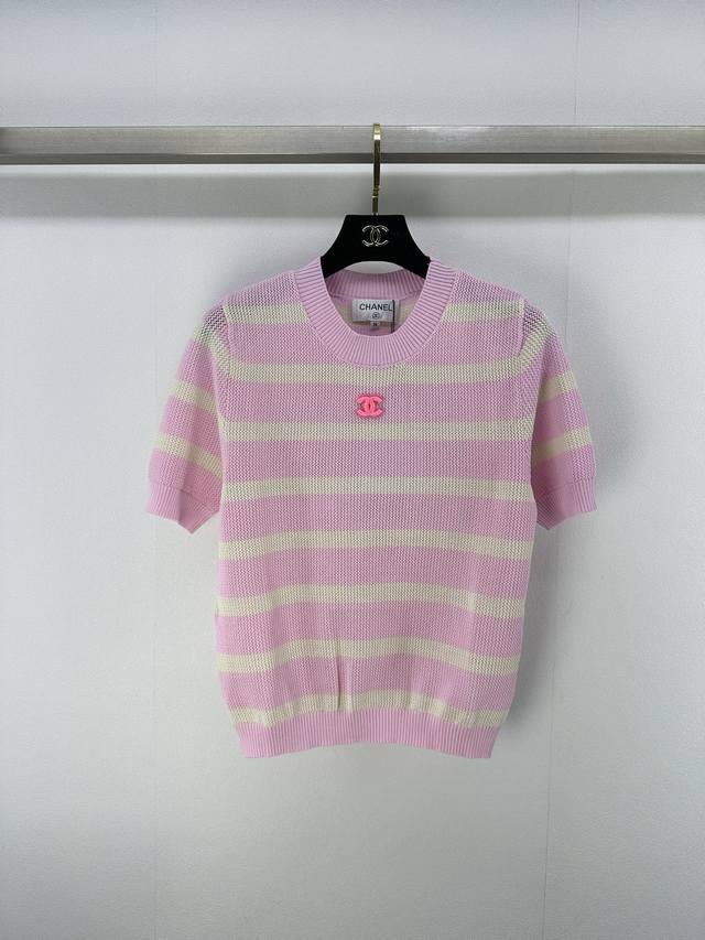Chan*New Arrival Details 25 Summer New Arrival Striped Knit Short-Sleeve Top Ble