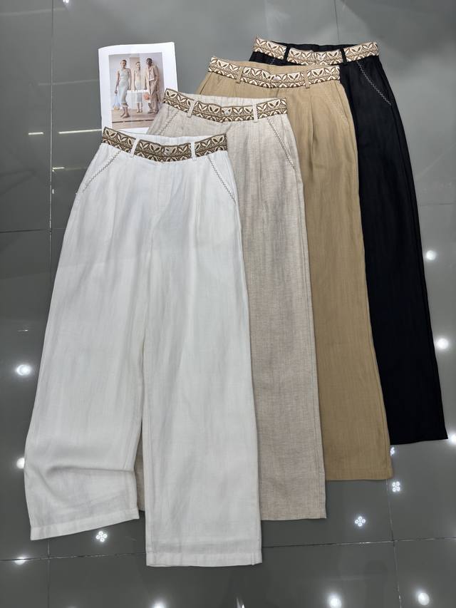 Ysl Saint Laurent New Arrival Embroidered Waist Hemp-Fabric Wide-Leg Pants. The
