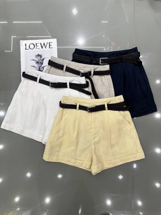 Ysl Saint Laurent New Simple Hemp Short Pants With Woven Belt, Lightweight And B