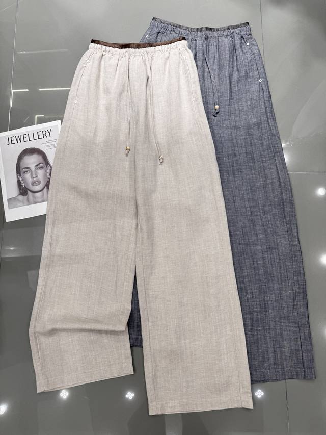 Saint Laurent New 100% Linen Wide-Leg Pants With Color-Blocked Elastic Waistband