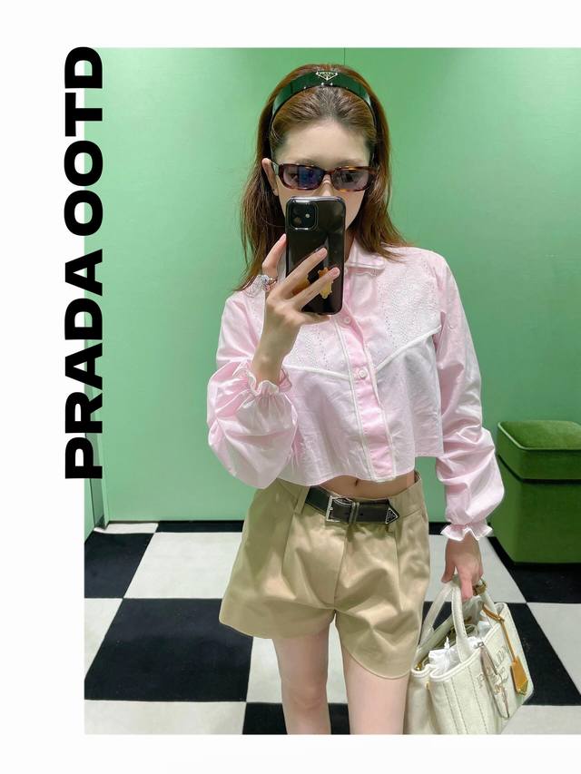Prad* 25Ss Spring/Summer New Arrival Pink Lace-Up Crochet Short-Sleeve Shirt | E