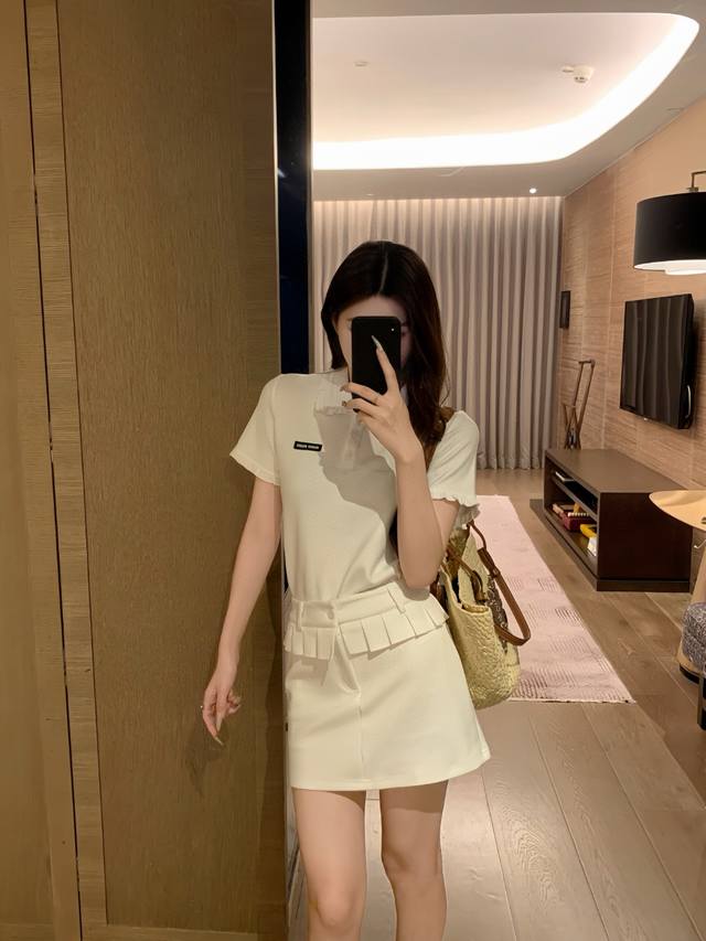 Miumi* Youthful Lace-Trimmed Polo Neck Short-Sleeve Skirt Set Sml