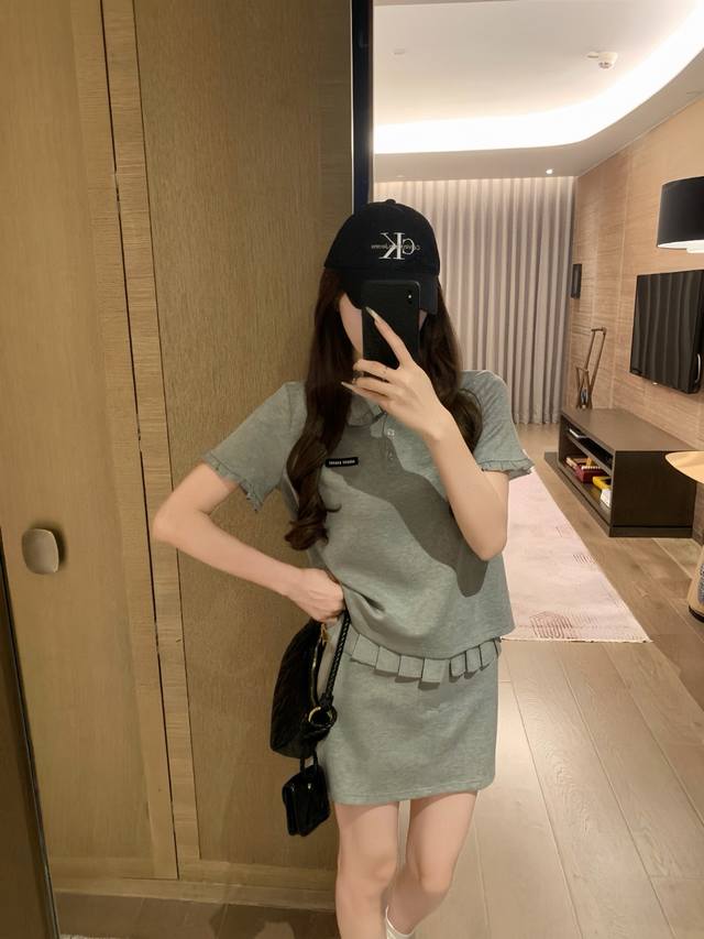 Miumi* Youthful Lace-Trimmed Polo Neck Short-Sleeve Skirt Set Sml