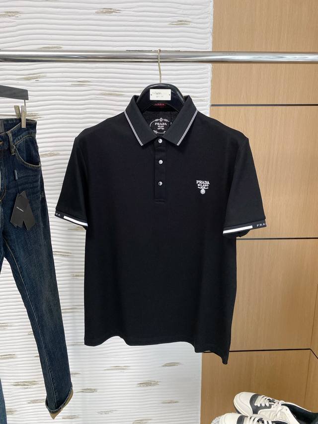 Prada, 2025 Summer New Polo Short-Sleeve Shirt, Hexagonal Bead-Textured Cotton,