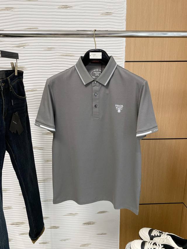 Prada, 2025 Summer New Polo Short-Sleeve Shirt, Hexagonal Bead Cotton, Highly Br