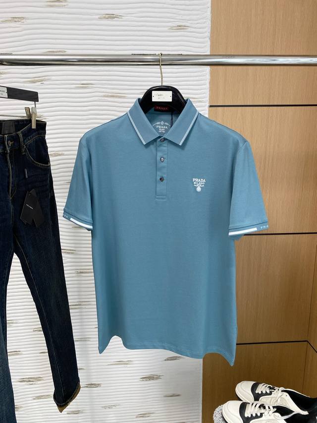 Prada, 2025 Summer New Polo Short-Sleeve Shirt, Hexagonal Bead-Textured Cotton,
