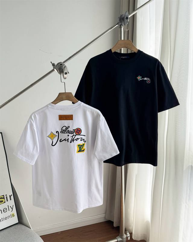 For - Louis Vuitton Unisex Colorful Floral Embroidery Cotton Short Sleeve 2025 S