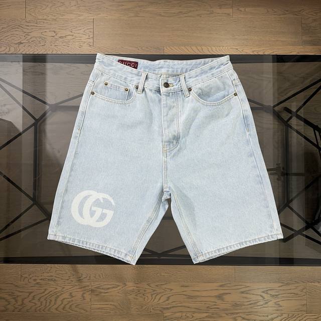 Gucci 2025 New Light-Colored Printed Logo Denim Shorts New Heavy-Duty Full-Print