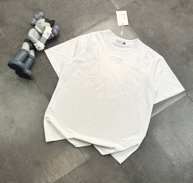 Trendy Brand Dior Flower Embroidery Craft Couple Short-Sleeved T-Shirt 240G Doub