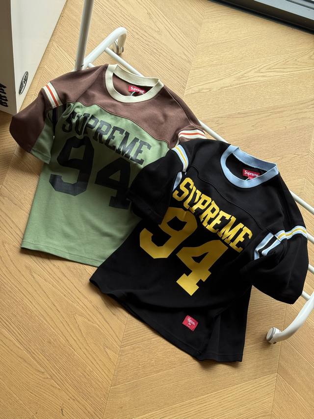 For Supreme Ss25 Week8 Split Ss Football Top Patchwork Pattern Ribbed Round Neck