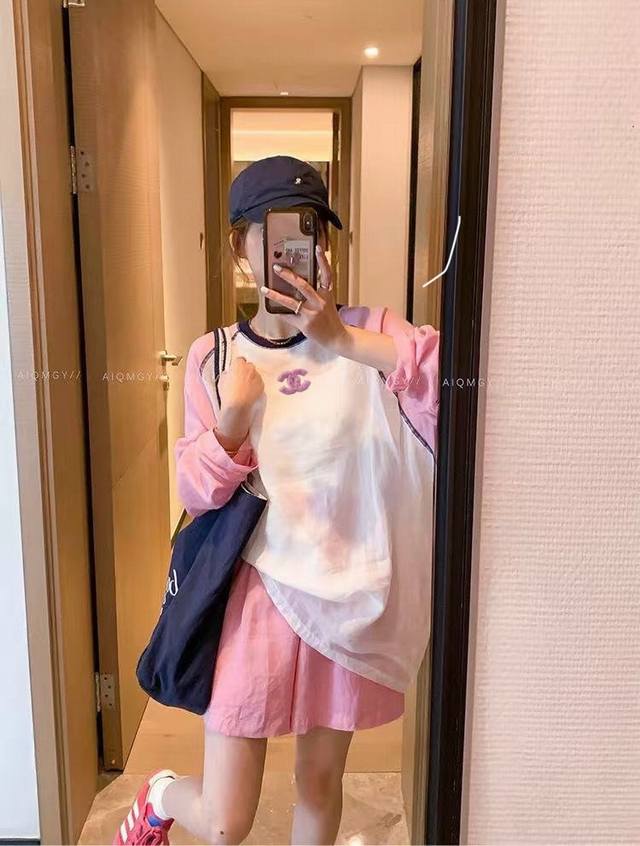 New Set Chane* Chanel Lazy Sunscreen Bottoming Shirt And Shorts Set Raglan Sleev
