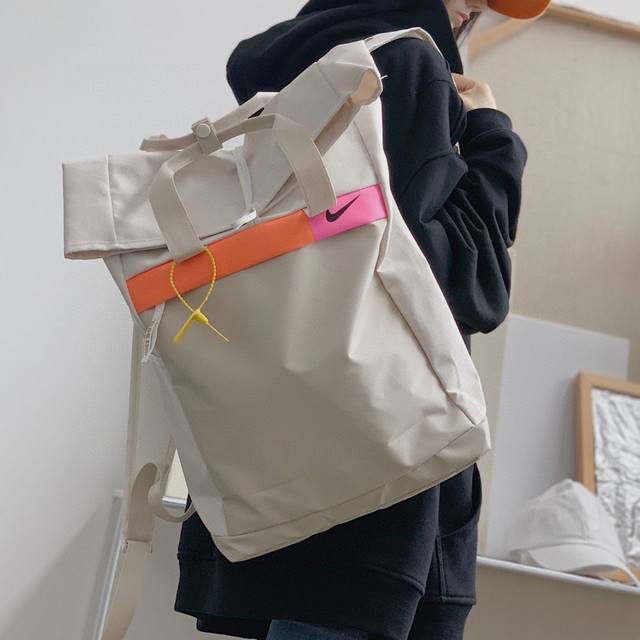 nike Solid Color Roll-Up Backpack Handbag Student Schoolbag Unisex Style This