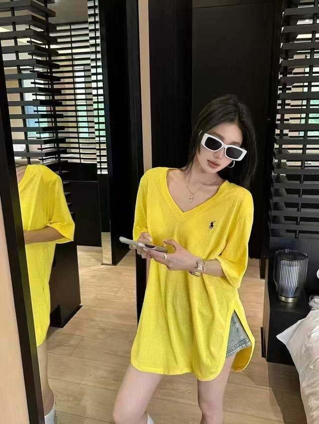Ralph Lauren Pony Embroidered Logo Yellow V-Neck Short-Sleeved T-Shirt Shining I