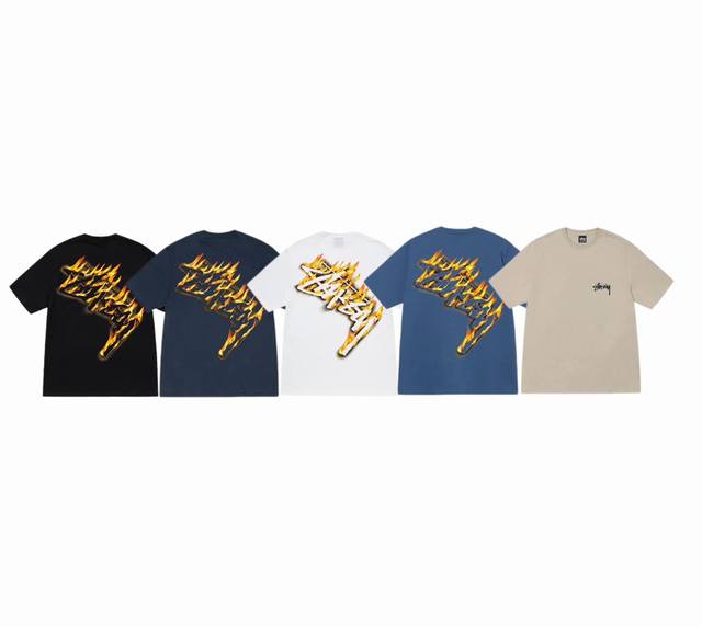 New Model Number S091 Stussy Stussy Burning Stock Tee Flame Round Neck Pullover