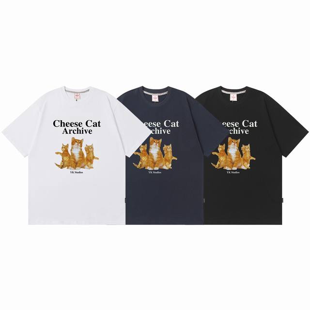 k004# Waikei Korean Trendy Brand Orange Cat Pattern Short-Sleeved T-Shirt Siz