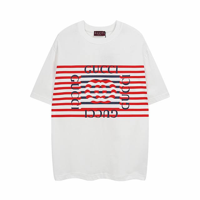 Available All Year Round Gucci Red Wave Striped Square Print Round Neck Short Sl
