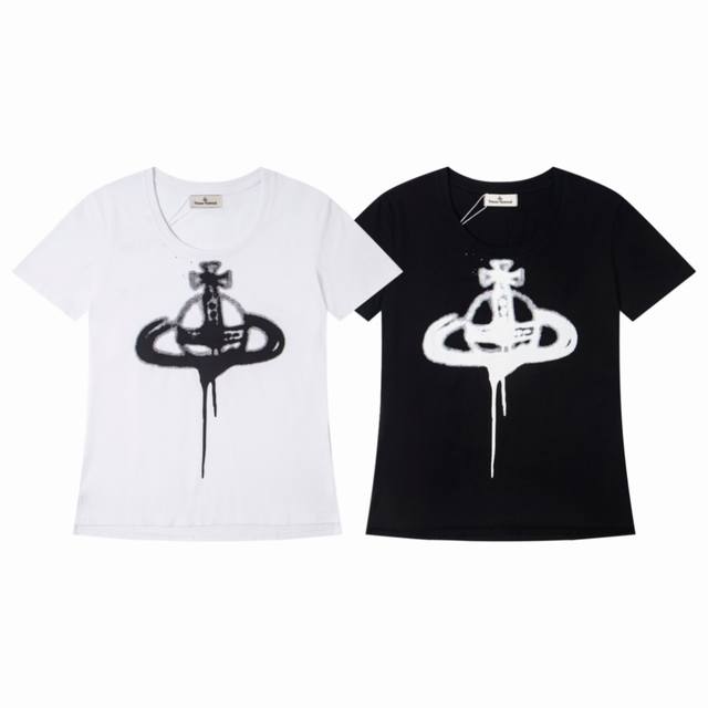 Vivian Empress Dowager Cixi Short-Sleeved Saturn Ink Graffiti Low Round Neck Pur