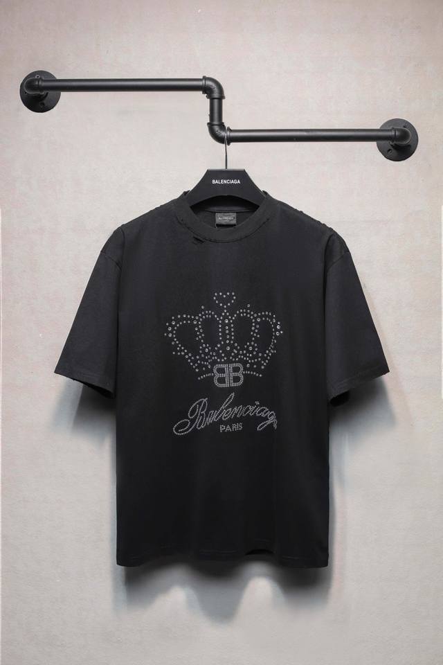 aeniaa Balenciaga Crown Bb Logo Hot Diamond T-Shirt Short Sleeves 240G Fabric