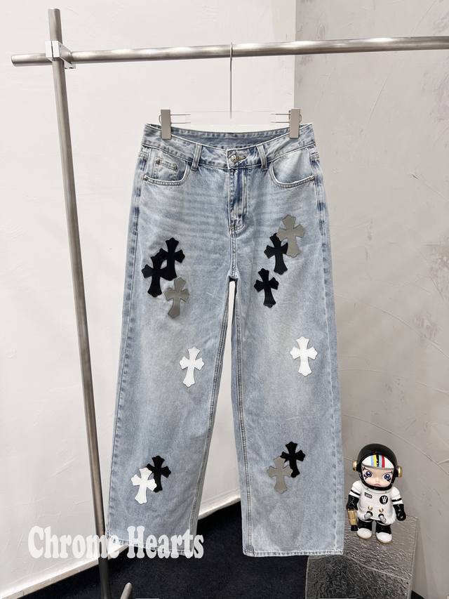 Model D36 Chrome Hearts Chrome Hearts Blue Denim Starry Sky Leather Cross Jeans