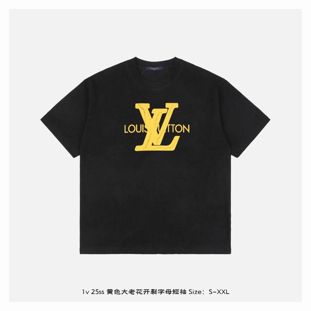 lv 25Ss Yellow Big Old Flower Cracked Letter Short Sleeves The Fabric Is Made