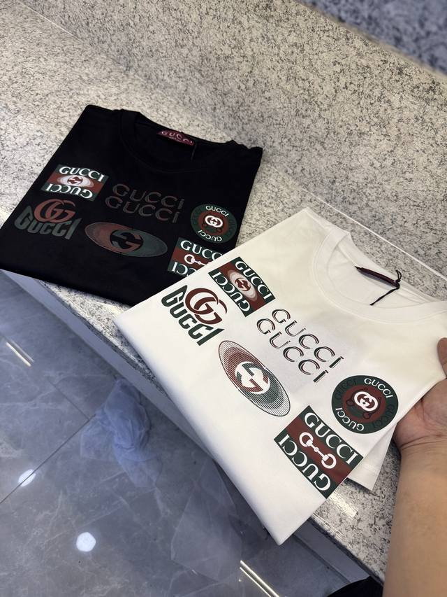 gugci 2025 Spring And Summer New Product Short Sleeve T-Shirt Slightly Wide V
