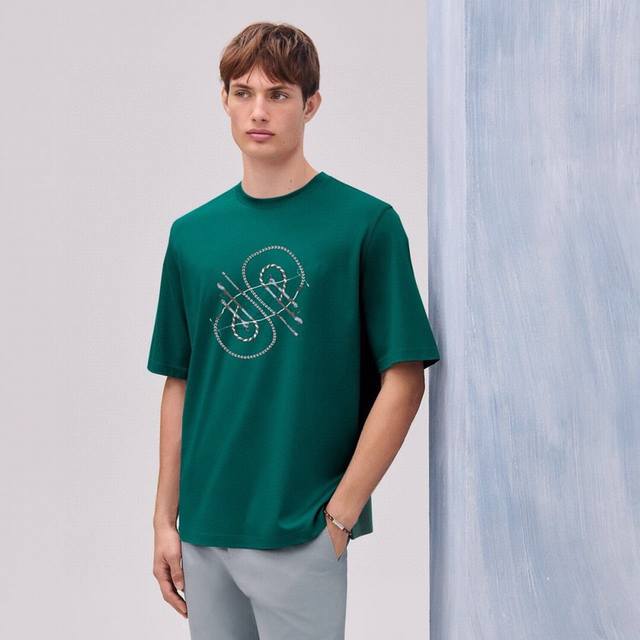 hermes 2025 Spring And Summer Latest Whip Embroidery Pattern Short-Sleeved Ro