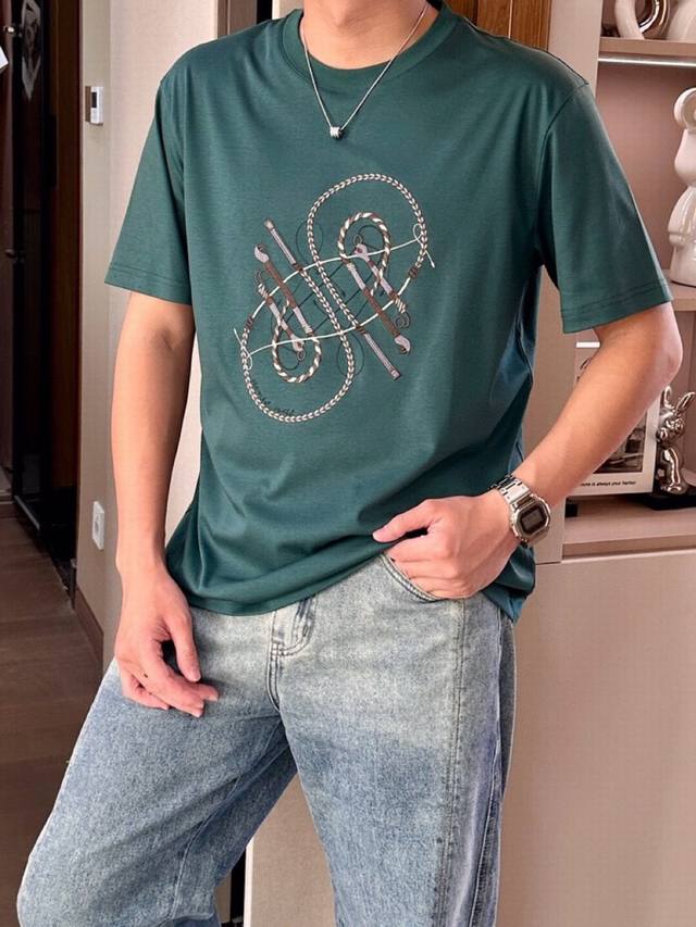 hermes 2025 Spring And Summer Latest Whip Embroidery Pattern Short-Sleeved Ro