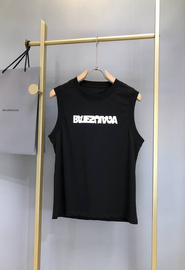 b*Alenciaga Reverse Letter Logo Tank Vest Original Fabric Custom Charcoal Bla