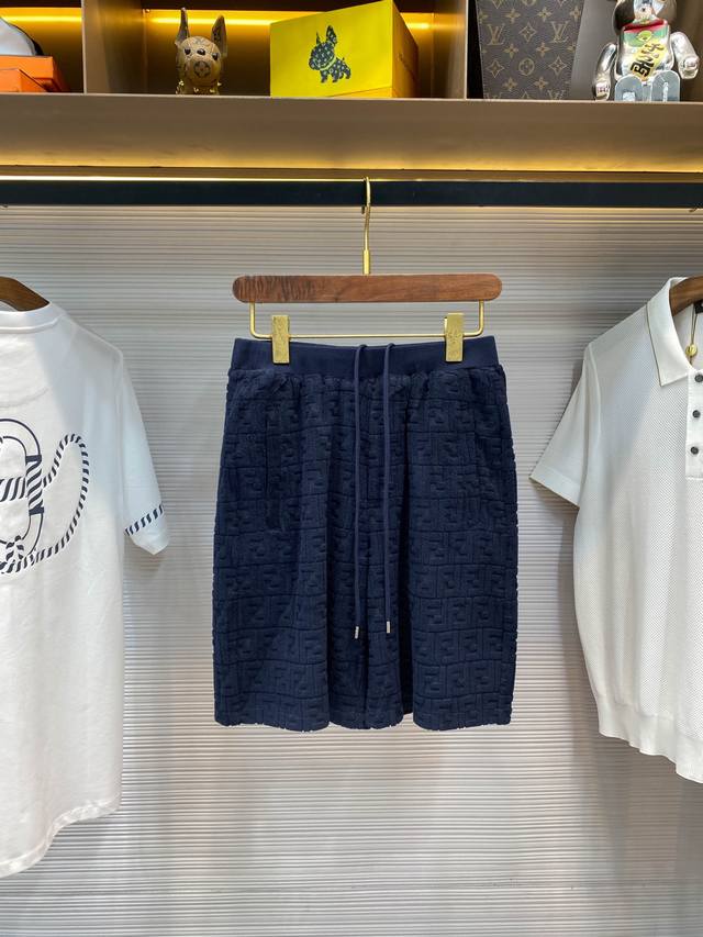 fd25Ss Spring And Summer New Navy Blue Towel Cotton Drawstring Shorts, Unisex