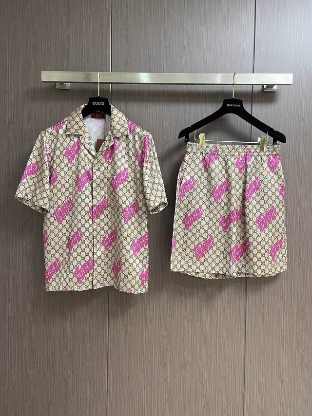 Top Shorts Gucci 2025Ss Printed Twill Silk Bowling Short-Sleeved Shirt Shorts Se