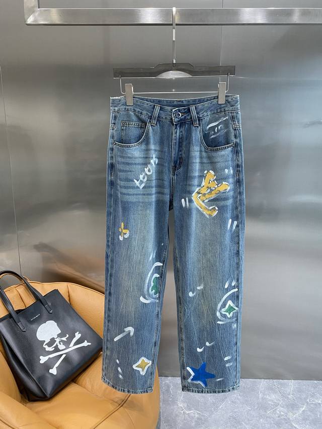Donkey Lv Jeans Colorful Graffiti Denim Classic Denim Blue Background Is Lit Up