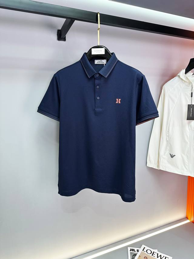 hermes 2025Ss New Summer Leather Logo Men's Lapel Polo Shirt Classic Business