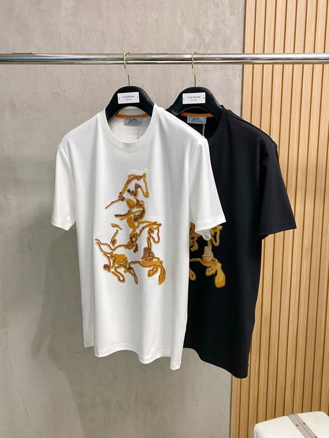Hermes 2025 New Original Men's Casual Bottom Short-Sleeved T-Shirt High-End Cust