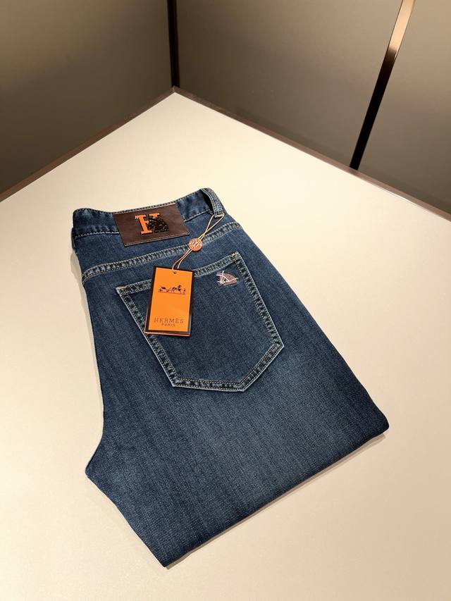 Herm*S 2025 Early Spring Men's High-End Denim Washed Straight Jeans Overseas Tra