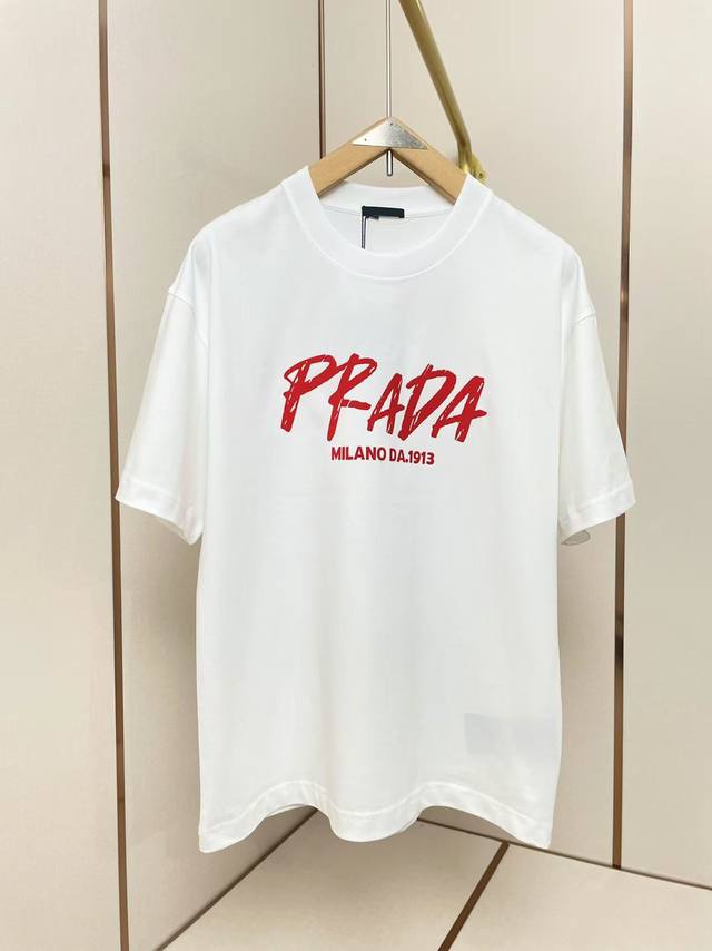 Prada 2025 New Art Letter T-Shirt With Flocked Letters On The Front And Back. Th