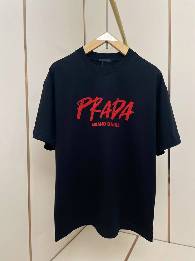 Prada 2025 New Art Letter T-Shirt With Flocked Letters On The Front And Back. Th