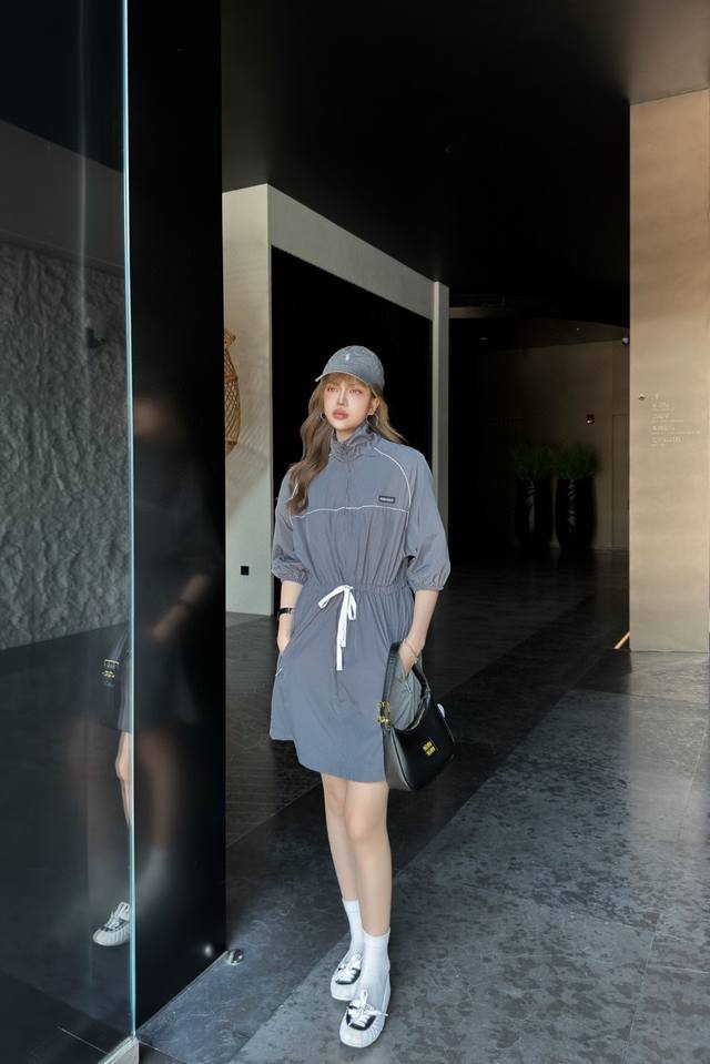70710# Miu Grey Dress New Arrival Miumi*2025 New Arrival Drawstring Work Dres
