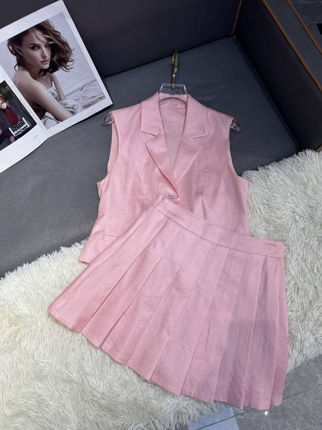 mumi Summer New Linen Sleeveless Suit Vest Pleated Skirt Suit Chest Letter Pa
