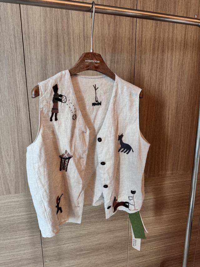 Linen Fabric Embroidered Vest Summer Refreshing And Stylish Cartoon Embroidery T