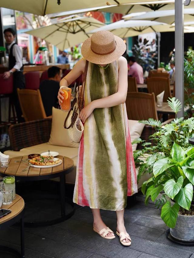 Dress Holiday Style Long Dress Rainbow Color Ramie Dress Sleeveless Straight Ski