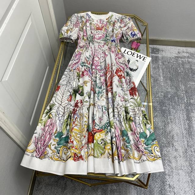 di*25Ss Digital Printing Worsted Cotton Fashion Puff Sleeves Large Swing Wais