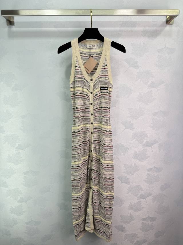 miu* Knitted Cardigan Sleeveless Dress Fashionable Striped Design Slit Long R