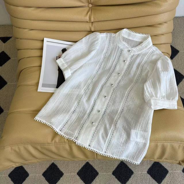 25Ss New Summer Style Chanel Logo Embroidered Lace Decoration White Shirt Sim