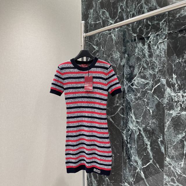 g Home 25 New Summer Short Sleeve Knitted Dress Contrast Color Stripes All Ov