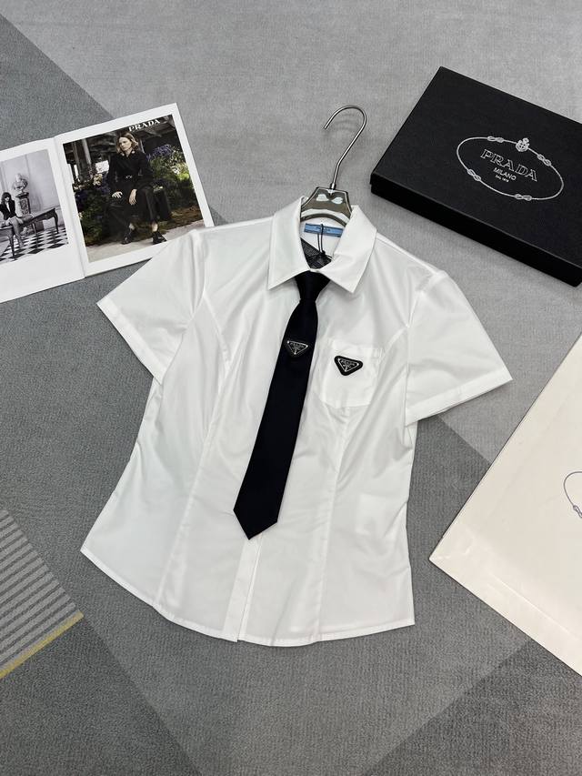 High Quality Prada 2025 New Summer Style Waist Slim Short Sleeve Shirt Pocket Tr