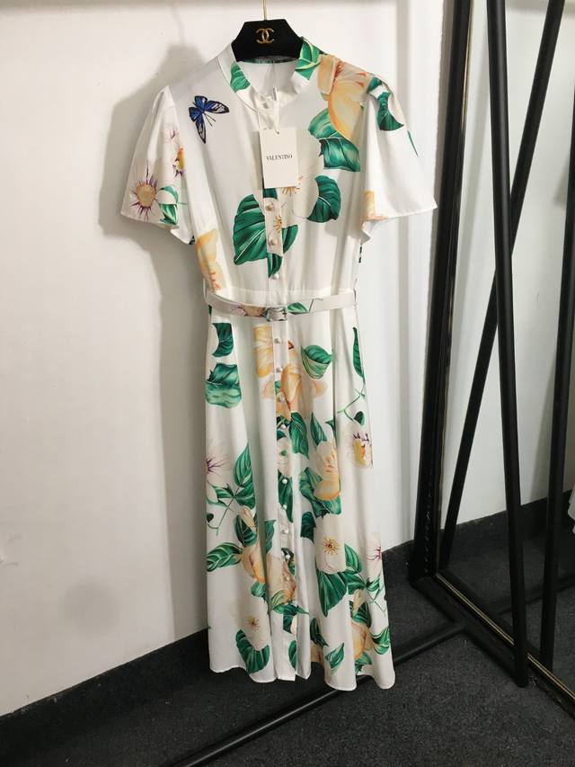 Style No. 20252982 Valentin* New Temperament Floral Print Waist Short Sleeve Dre