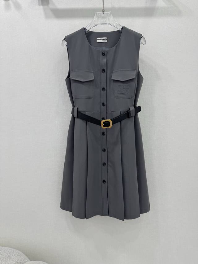 miumi*25 Summer New Vest Dress Round Neck Single-Breasted Hem Pleated Dress C