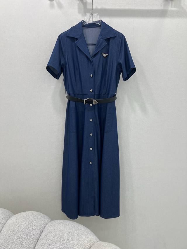 prad* 25 New V-Neck Denim Waist Dress Original Custom-Made Retro Washing Proc