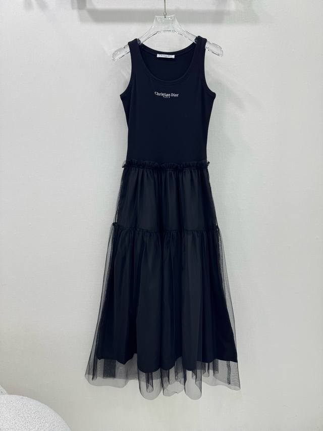 dio* 25 New Round Neck Vest Knitted Waist Dress Spliced Mesh Nylon Puffy Skir
