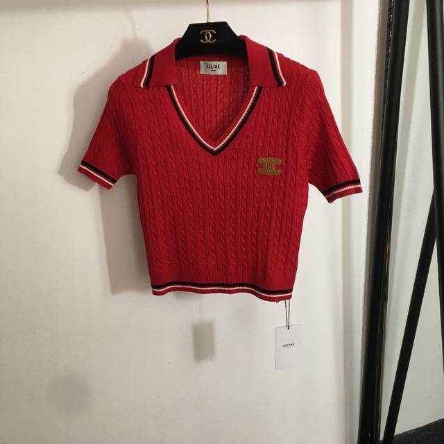 Style No. 20252962 Celin* New Logo Leather Label Lapel Short Sleeve Cable Knit T
